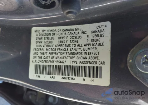 2014 Honda Civic Ex-L z USA, uszkodzony, nr VIN 2HGFB2F96EH554427